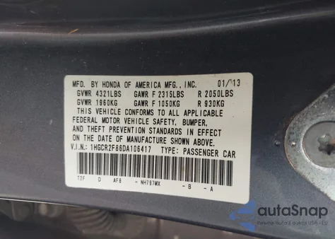 2013 Honda Accord Ex-L из США, поврежденный, VIN 1HGCR2F86DA106417